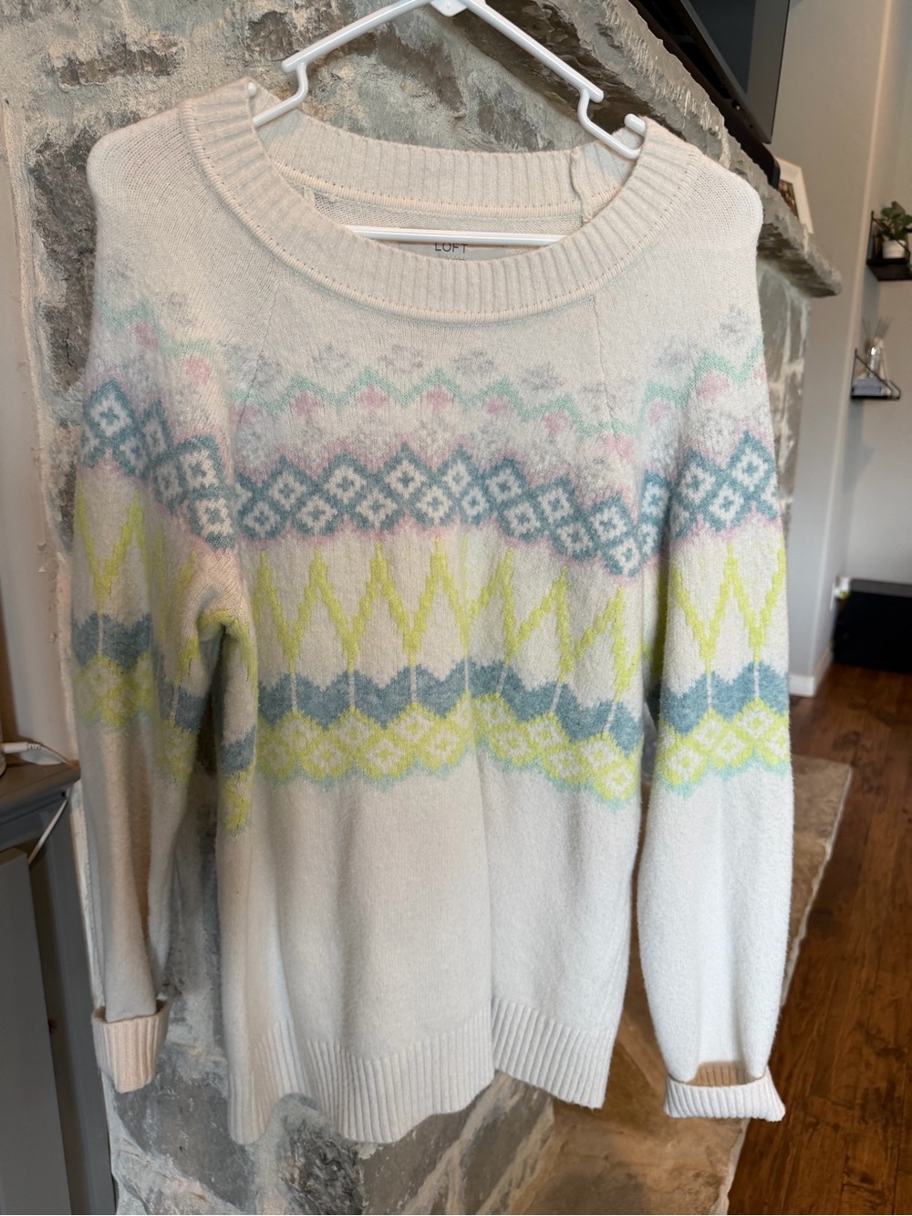 LOFT Cream Crewneck Sweater with Pastel Fair Isle Pattern